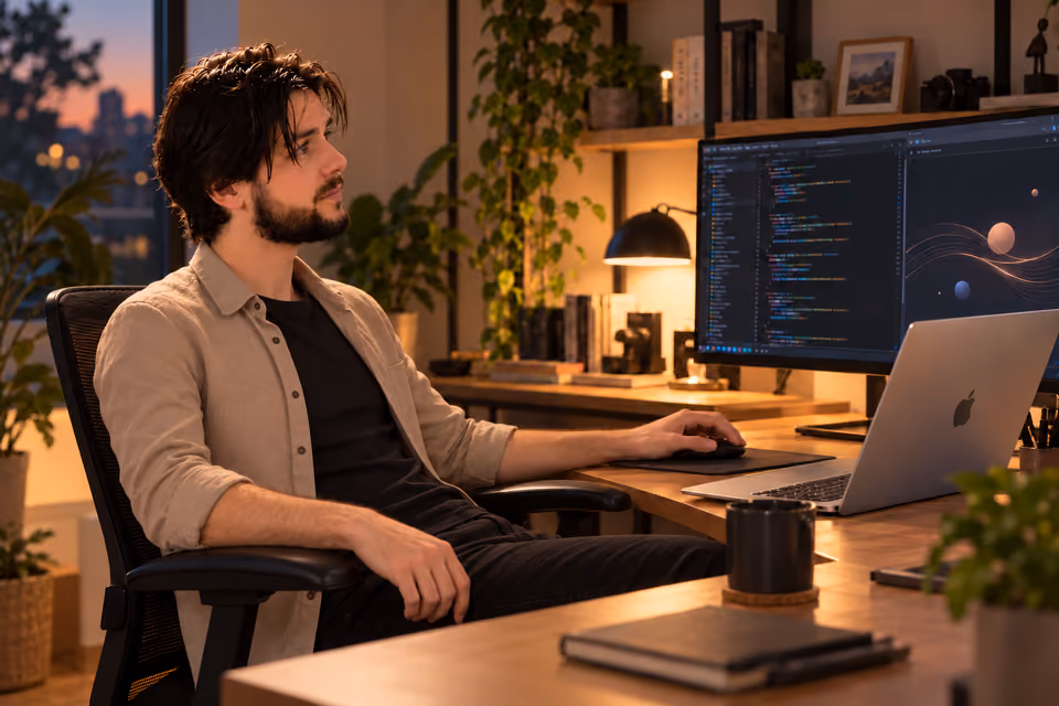 Nahuel Silva developing animations on a MacBook in his workspace.