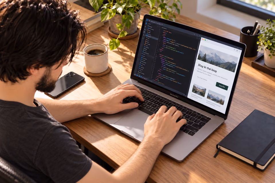 Nahuel Silva developing emails on a MacBook in his workspace.