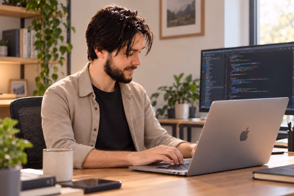 Nahuel Silva developing frontend interfaces on a MacBook in his workspace.
