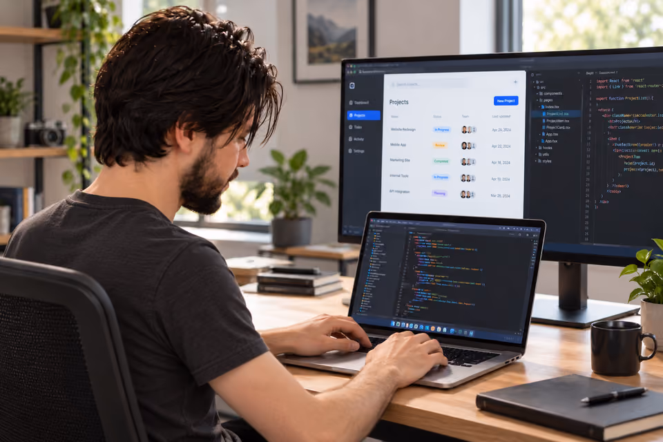 Nahuel Silva desarrollando aplicaciones web con una MacBook en su espacio de trabajo.