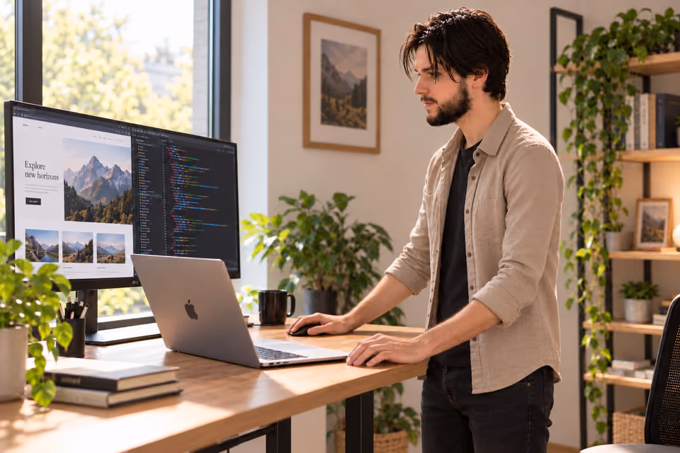 Nahuel Silva developing websites on a MacBook in his workspace.